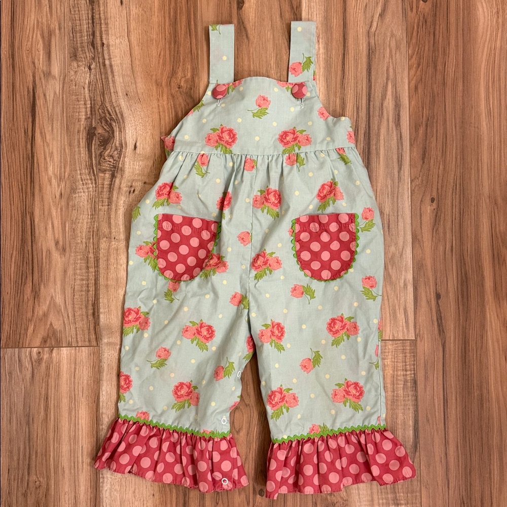 Shrimp and Grits Floral Overalls with Polka Dot Pockets